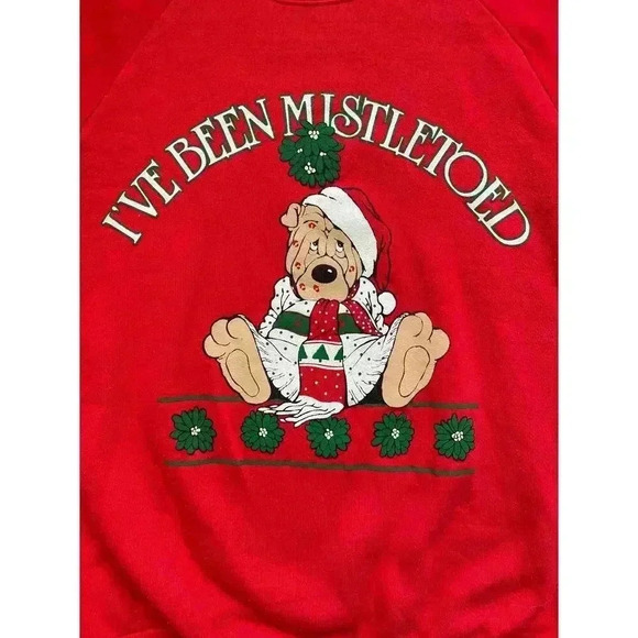 Vintage 90s Fruit of the Loom Christmas Sweater Crewneck Sweatshirt Mistletoed L - Picture 4 of 9